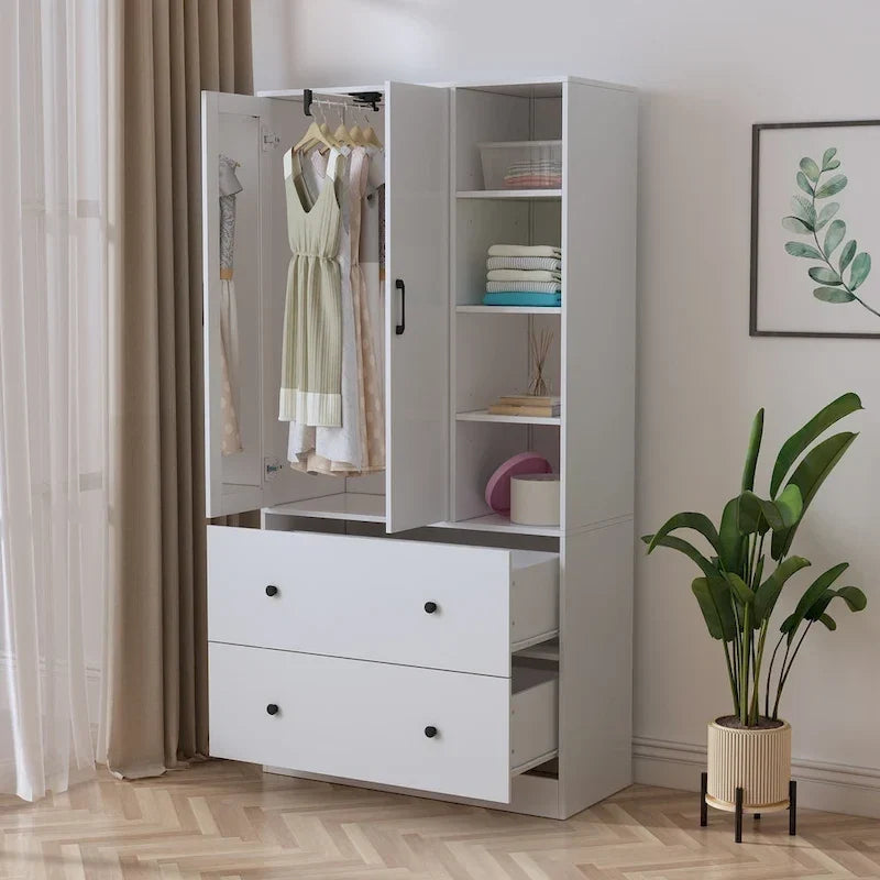 Wardrobe Clo Armoire wi/Mirror & Scalable Hanging Rod Space Saving