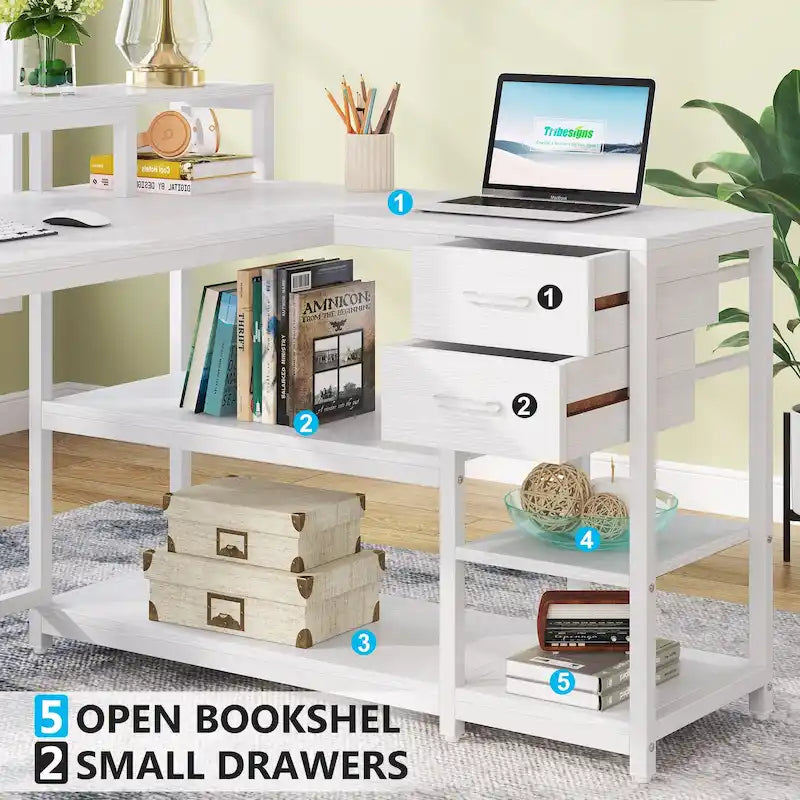 L Shaped Desk with Drawer, Home Office Corner Desk with Storage Shelves and Monitor Stand, Rustic PC Desk for Small Space
