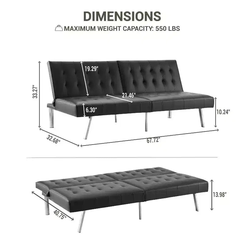 Tufted Split Back Futon Sofa Bed, Convertible Sofa bed with Chrome Legs