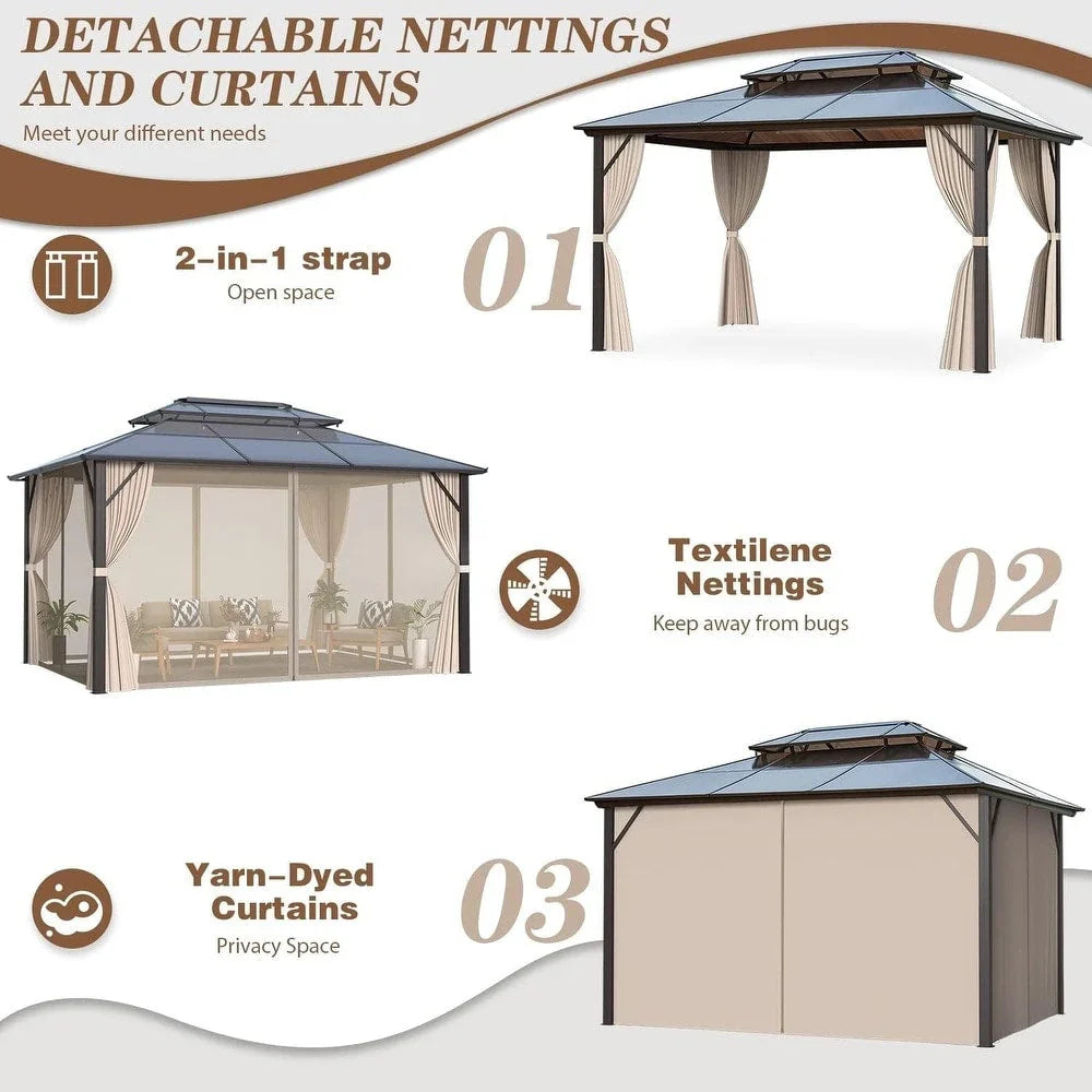 EROMMY Hardtop Gazebo,Outdoor Pergola with Double Roof & Netting & Curtains,Heavy Duty Canopy for Patio, Backyard, Pool party