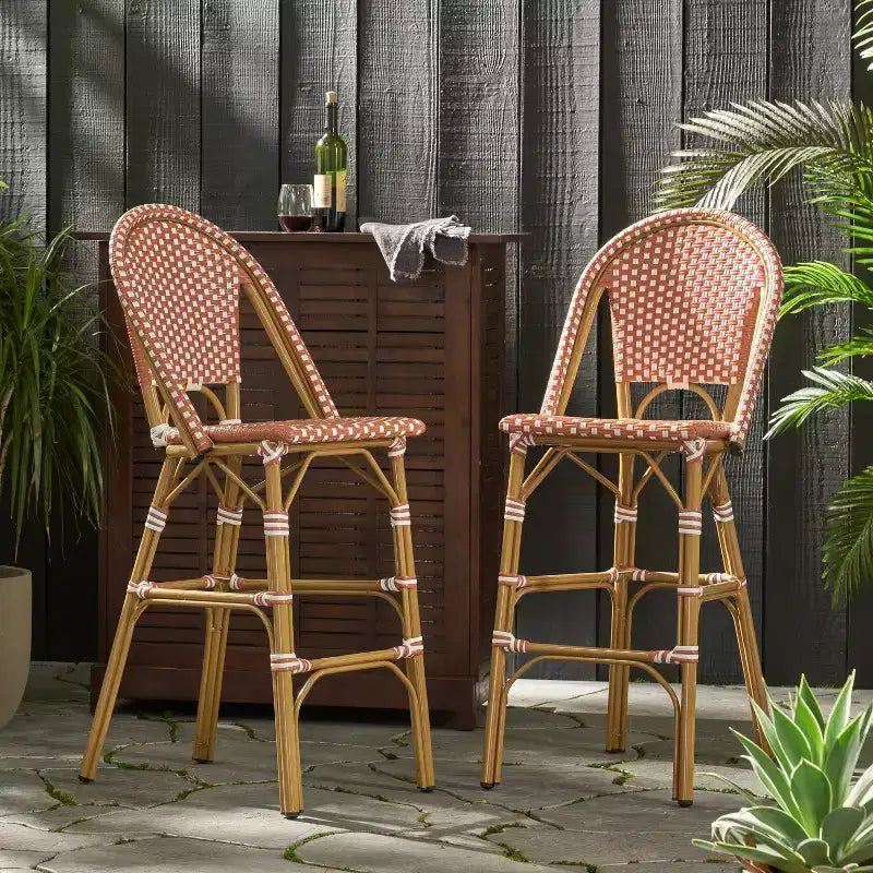 sumyeg 29.5 Outdoor French Bistro Bar Stools Set of 2, PE Rattan Wicker with Aluminum Frame, Bamboo Look Finish, Rust Red & White
