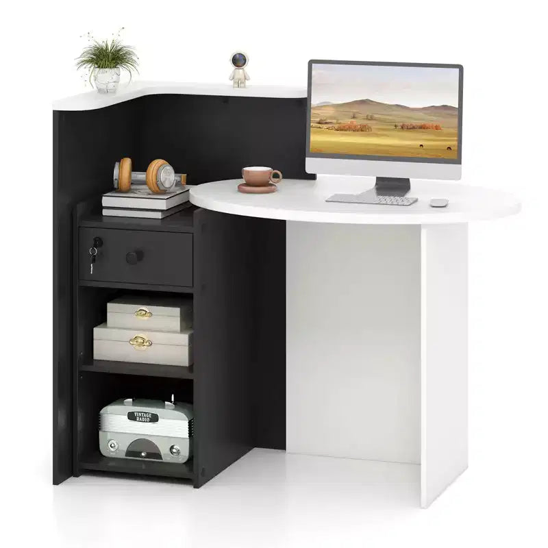 Costway Front Reception Counter Desk Checkout Office Desk with Open Shelf & Lockable Drawer White/Brown/Black