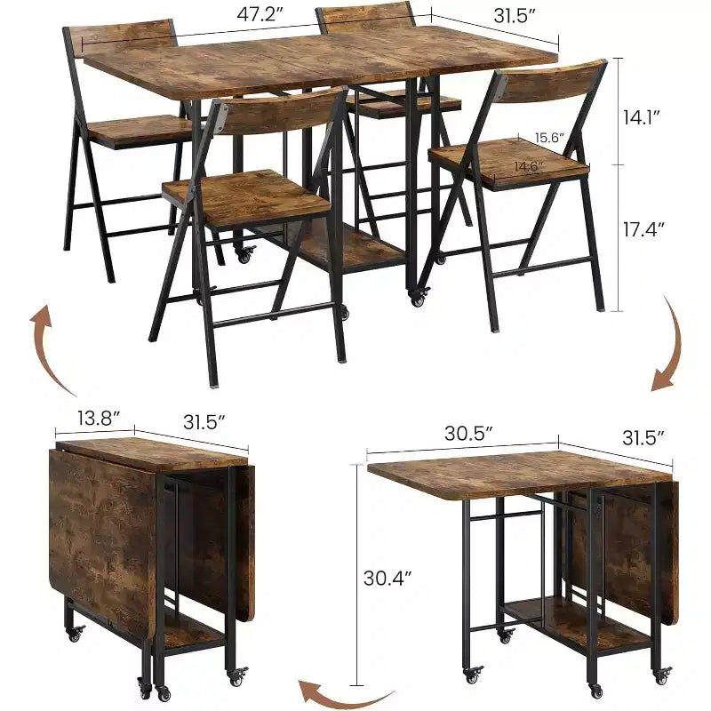 47 5-Piece Farmhouse Folding Dining Set for 4  Wooden Drop Leaf Table on Wheels & 4 Foldable Chairs  Sturdy Steel Frame, Space-Saving for Apartmen