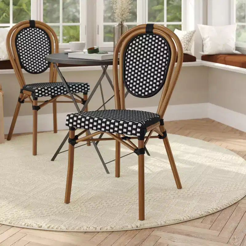 Flash Furniture Lourdes Indoor/Outdoor Commercial Thonet Bistro Stacking Chair, PE Rattan and Aluminum Frame