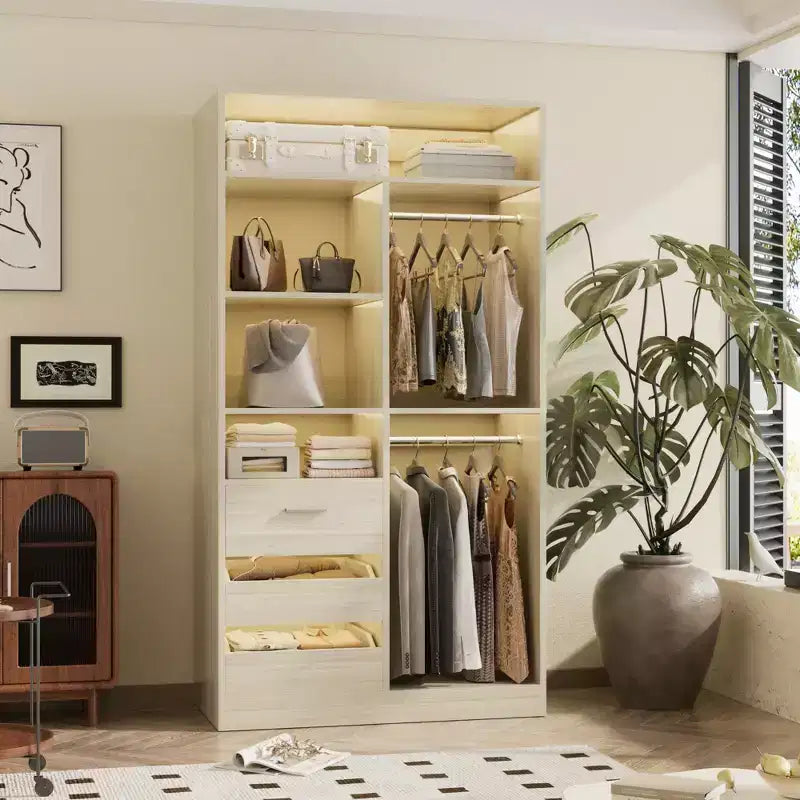 Closet Organizer with Wood Drawers, Freestanding Closet System with Hanging Rods