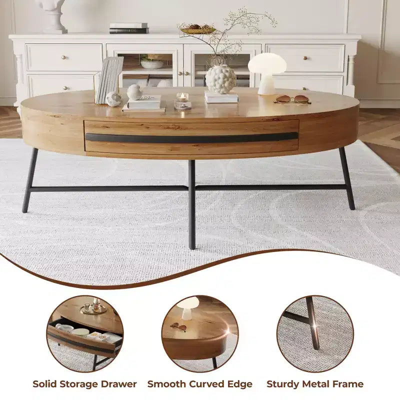 Oval Coffee Table with Drawer Mid-Century Modern Center Table 47.2 Wooden Coffee Table with Storage and Cross Metal Legs Curved Design