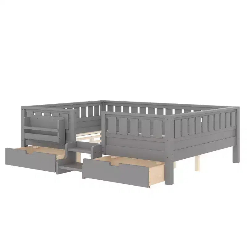 Bellemave Queen Size Toddler Bed with 14 Safety Guardrails, Space-saving Bed Frame with Built-in Bookshelves & 2 Under-Bed Storage Drawers