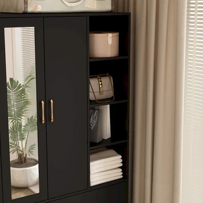 Wardrobe Clo Armoire wi/Mirror & Scalable Hanging Rod Space Saving