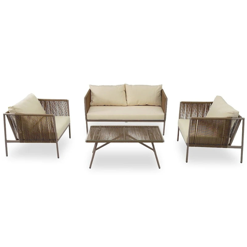4 PCS Outdoor Rope Patio Set for 4 with Cushions and Glass Table