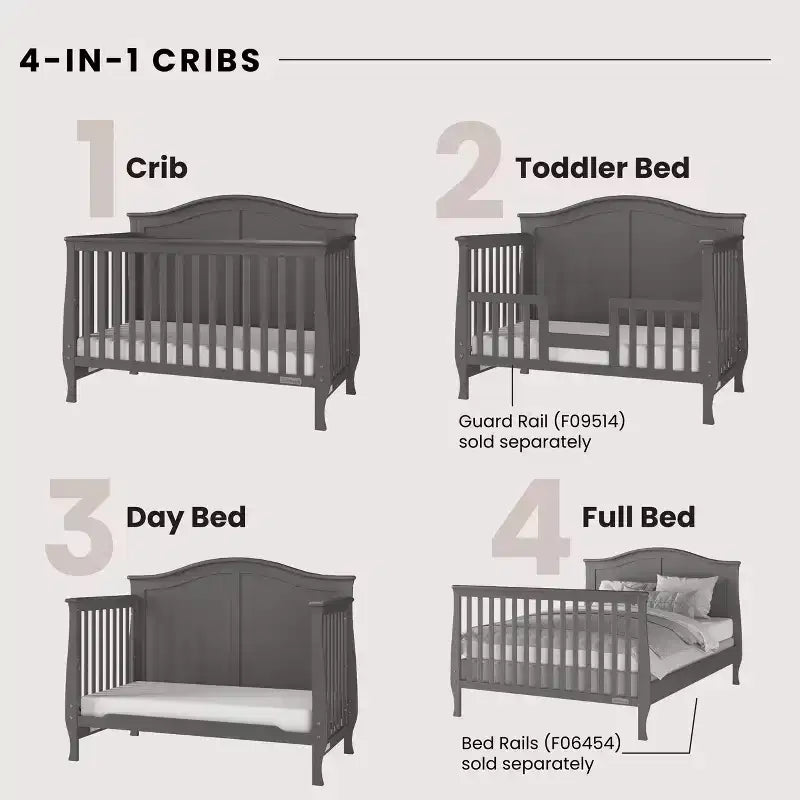 4-in-1 Convertible Crib, Converts to Day Bed, Toddler Bed and Full Size Bed, 3 Mattress Positions, Baby Safe Finish