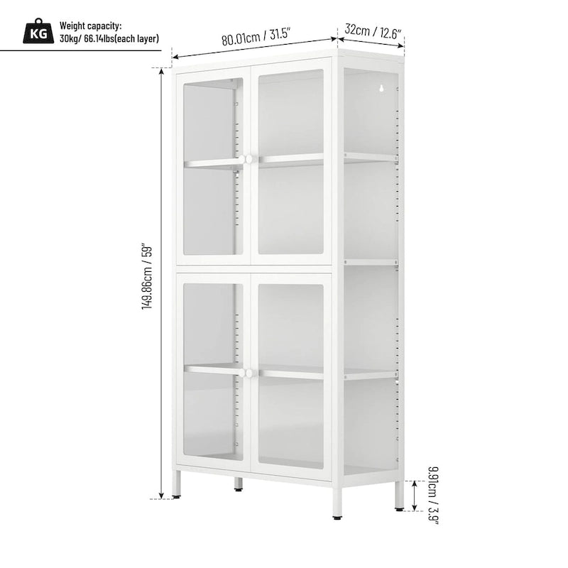 Four Glass Door Storage Cabinet with Adjustable Shelves and Feet Cold-Rolled Steel Sideboard Furniture