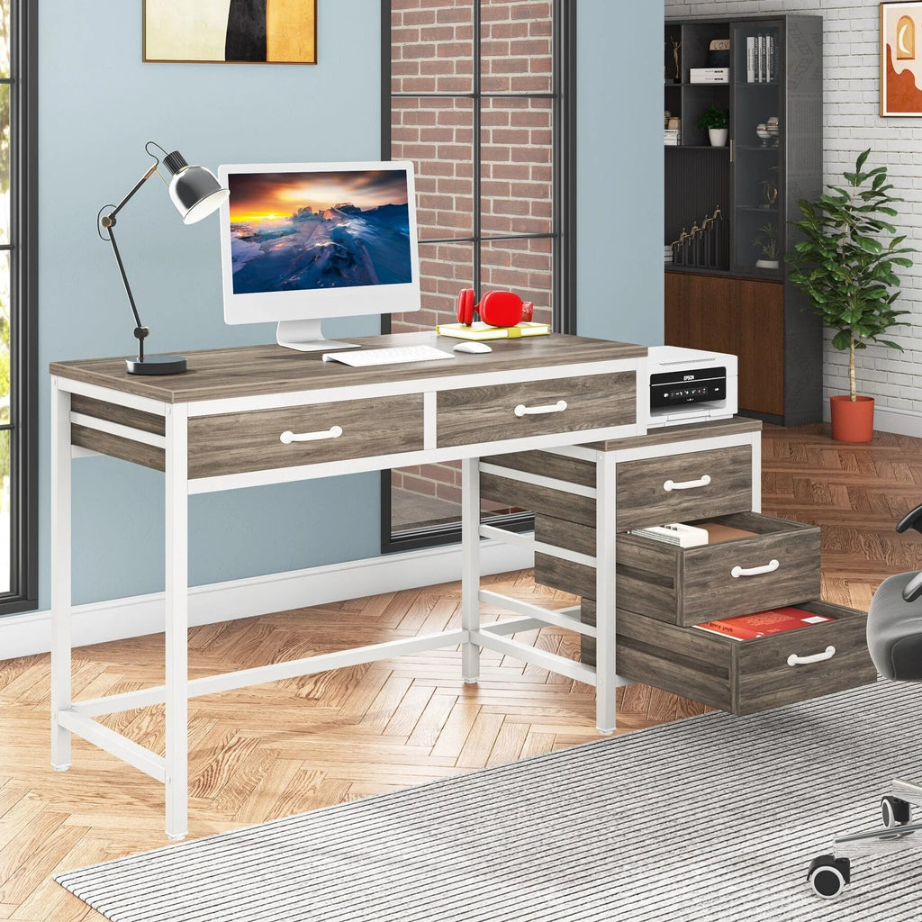 Reversible Computer Desk with 5 Drawers, Home Office Desk with File Cabinet Drawer Printer Stand