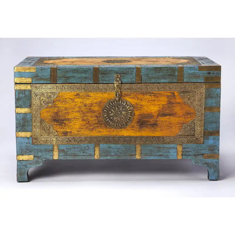 Nador Hand-Painted Brass Inlay Storage Trunk Coffee Table