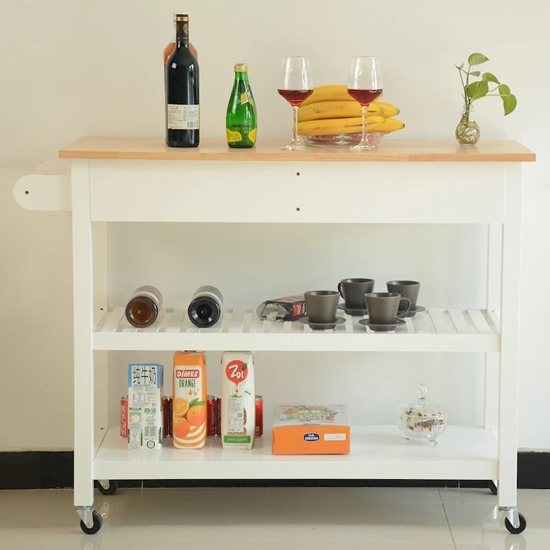 Îlot de cuisine en bois massif blanc avec dessus en bois naturel, deux tiroirs, deux étagères et roues verrouillables