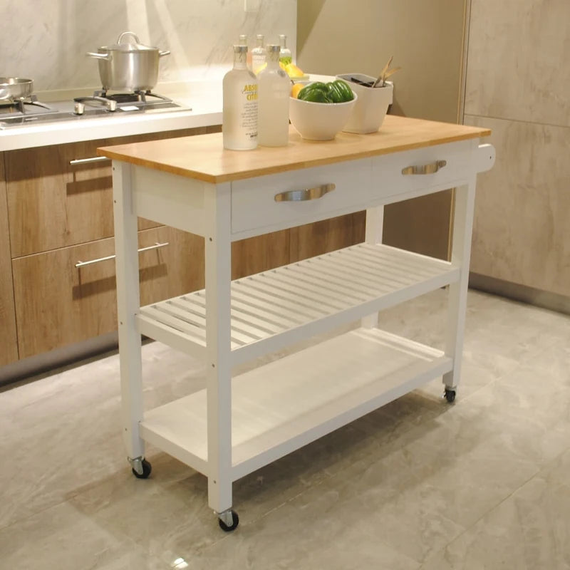 Îlot de cuisine en bois massif blanc avec dessus en bois naturel, deux tiroirs, deux étagères et roues verrouillables