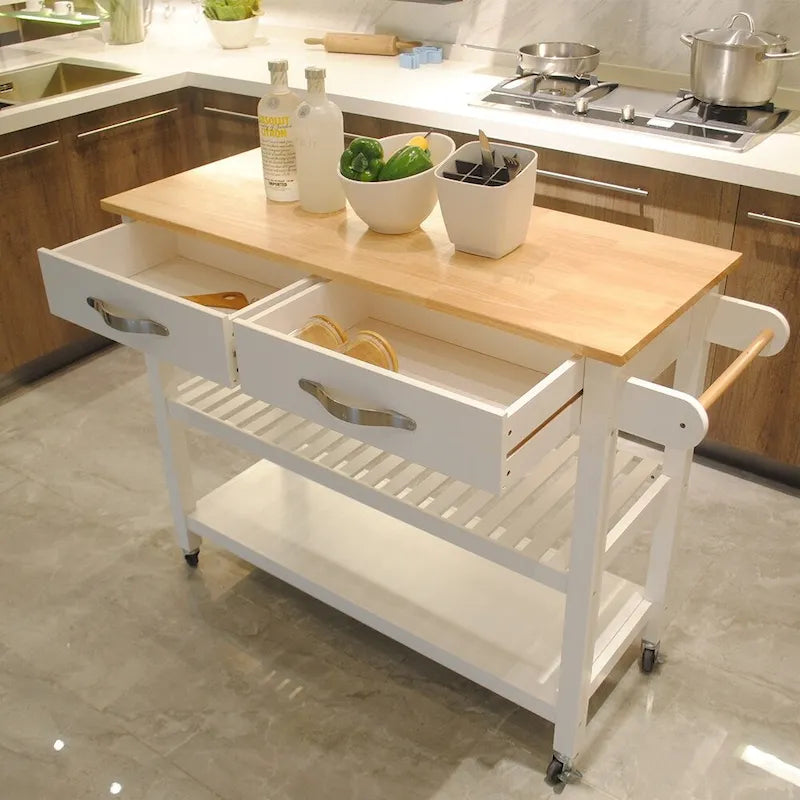 Îlot de cuisine en bois massif blanc avec dessus en bois naturel, deux tiroirs, deux étagères et roues verrouillables