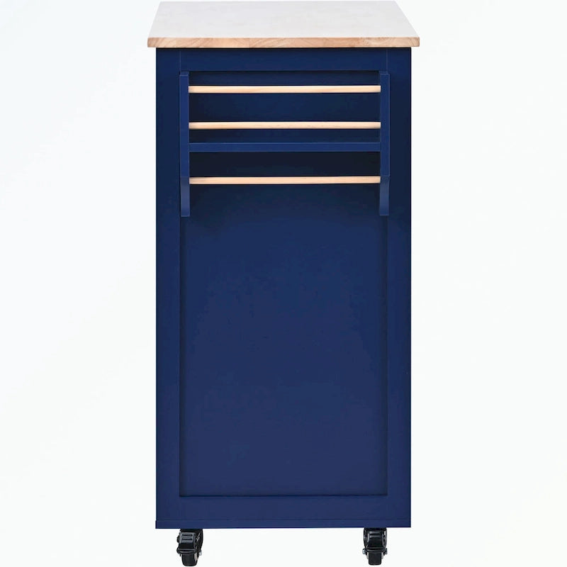 Desserte de cuisine roulante avec 8 tiroirs et un comptoir en bois, noir/bleu/blanc
