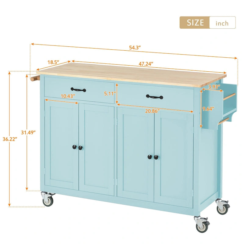 Chariot de cuisine avec placard à 4 portes, deux tiroirs, roulettes verrouillables, plateau en bois massif, multicolore