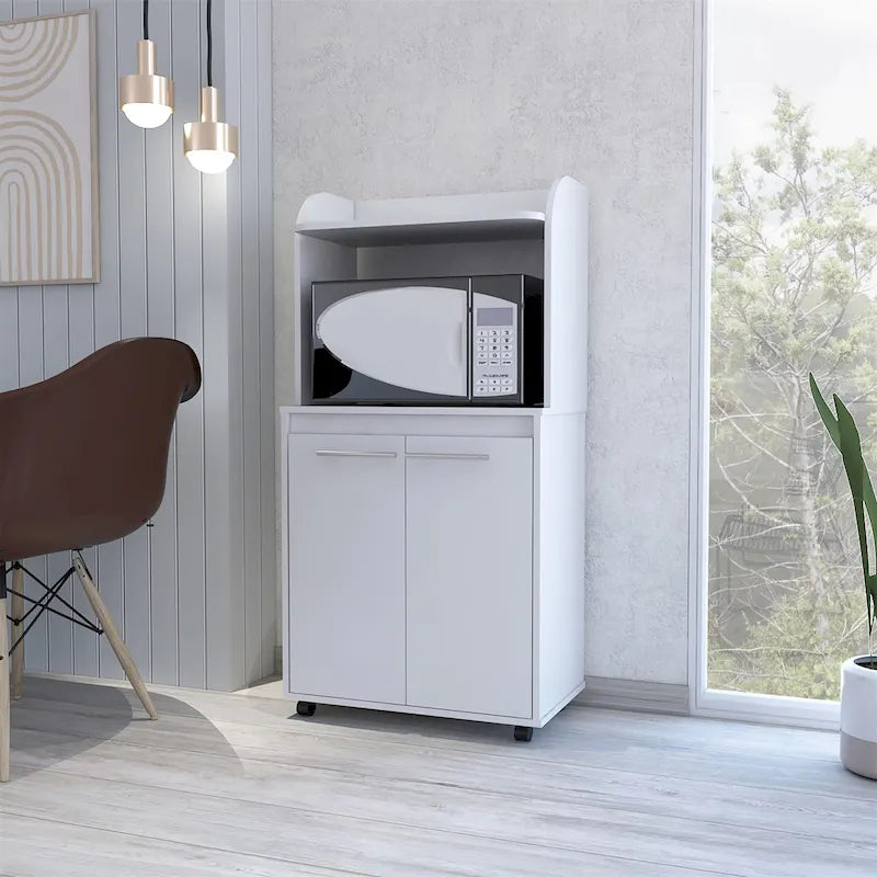 Meuble de cuisine roulant avec micro-ondes, étagère ouverte et rangement à double porte