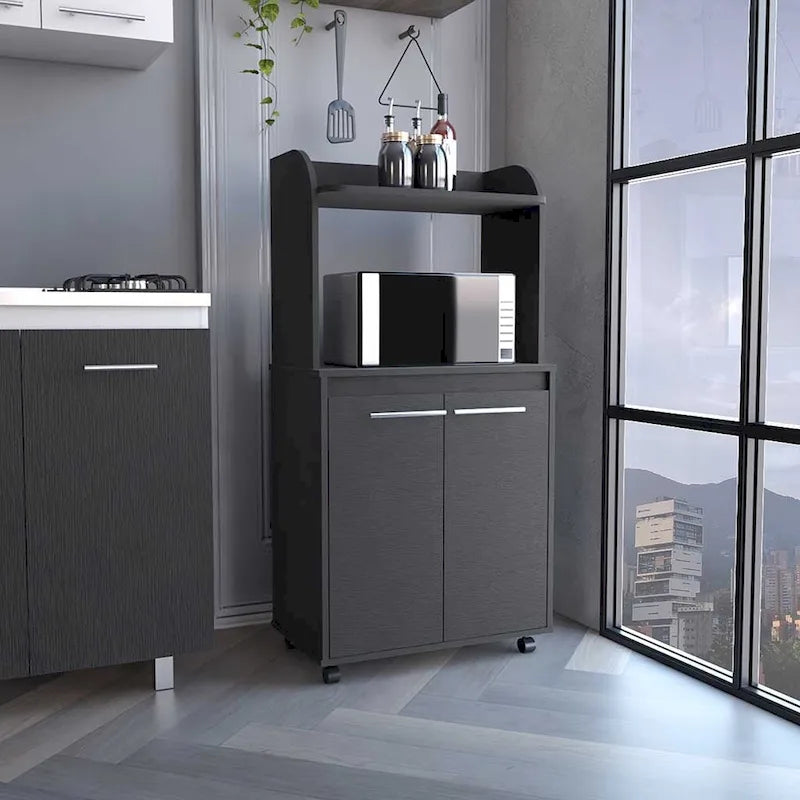 Meuble de cuisine roulant avec micro-ondes, étagère ouverte et rangement à double porte