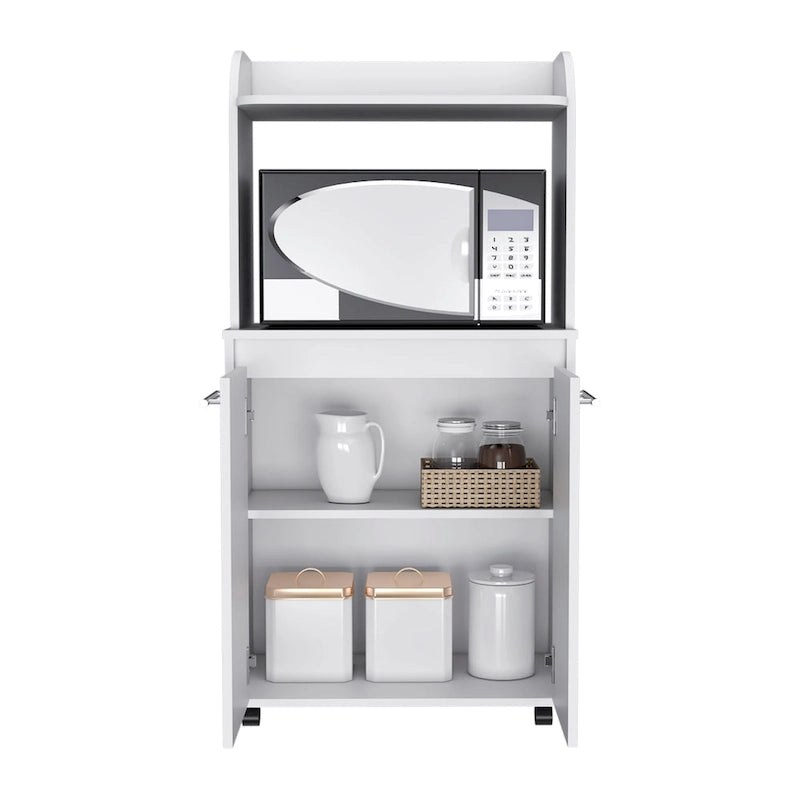 Meuble de cuisine roulant avec micro-ondes, étagère ouverte et rangement à double porte