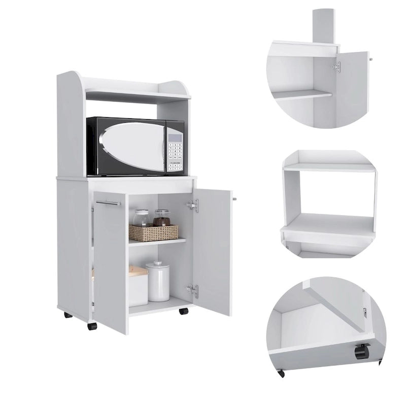Meuble de cuisine roulant avec micro-ondes, étagère ouverte et rangement à double porte