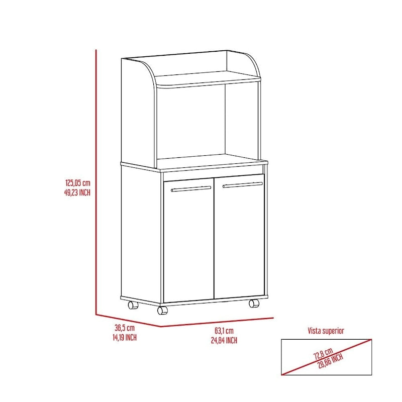 Meuble de cuisine roulant avec micro-ondes, étagère ouverte et rangement à double porte