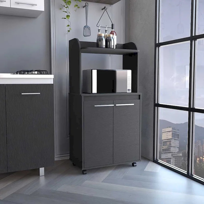 Meuble de cuisine roulant avec micro-ondes, étagère ouverte et rangement à double porte