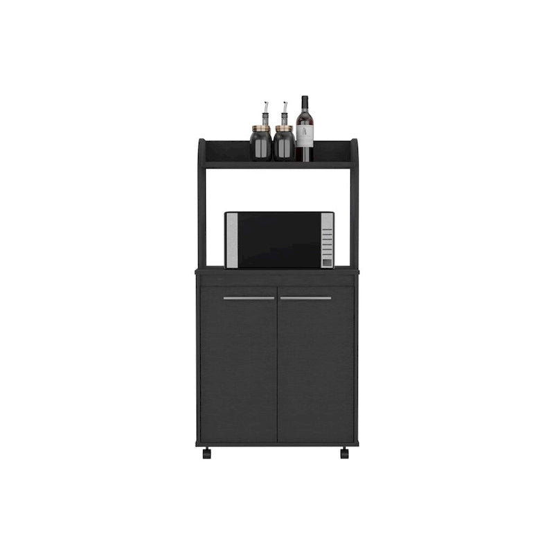 Meuble de cuisine roulant avec micro-ondes, étagère ouverte et rangement à double porte