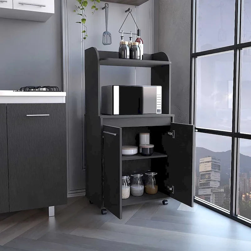 Meuble de cuisine roulant avec micro-ondes, étagère ouverte et rangement à double porte