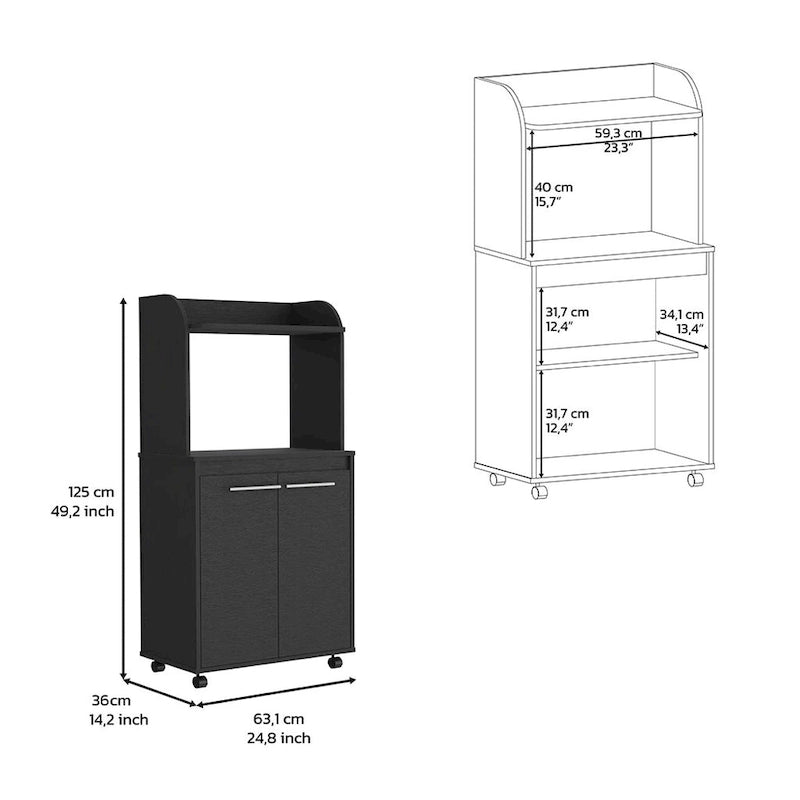 Meuble de cuisine roulant avec micro-ondes, étagère ouverte et rangement à double porte