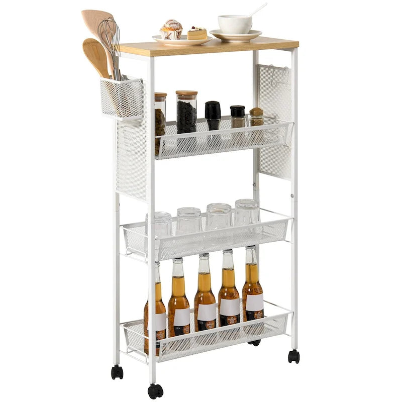 Chariot de cuisine roulant blanc avec plateau en bois et paniers grillagés