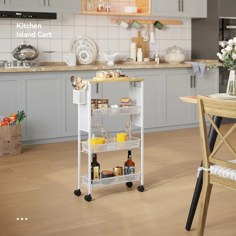 Chariot de cuisine roulant blanc avec plateau en bois et paniers grillagés
