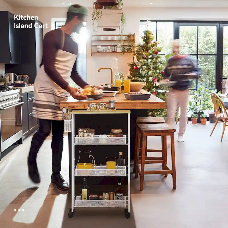 Chariot de cuisine roulant blanc avec plateau en bois et paniers grillagés