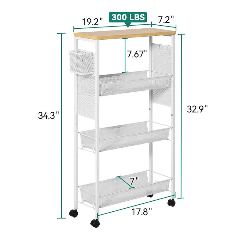 Chariot de cuisine roulant blanc avec plateau en bois et paniers grillagés