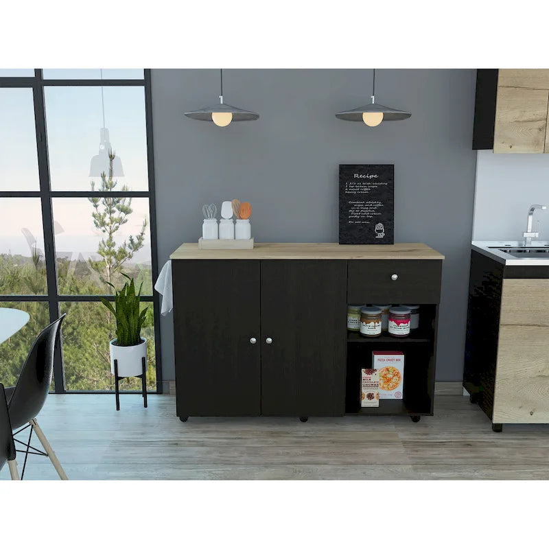 Meuble d'îlot de cuisine roulant avec tiroir, étagères ouvertes et roulettes, noir/pin