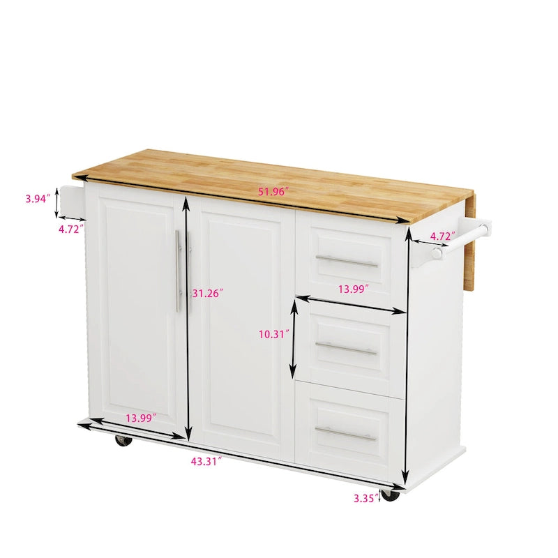 Dessert de cuisine roulant avec abattant, meuble à double porte, 3 tiroirs, roues verrouillables