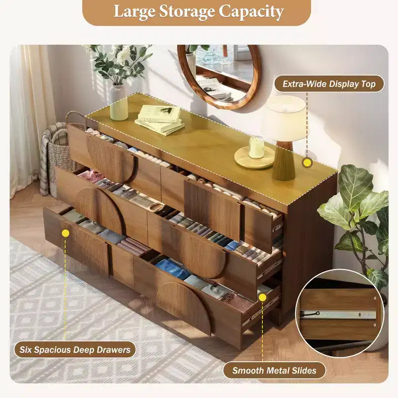 6-Drawer Modern Geometric Dresser, Half-Circle Accent Wide Storage Chest for Bedroom & Living Room
