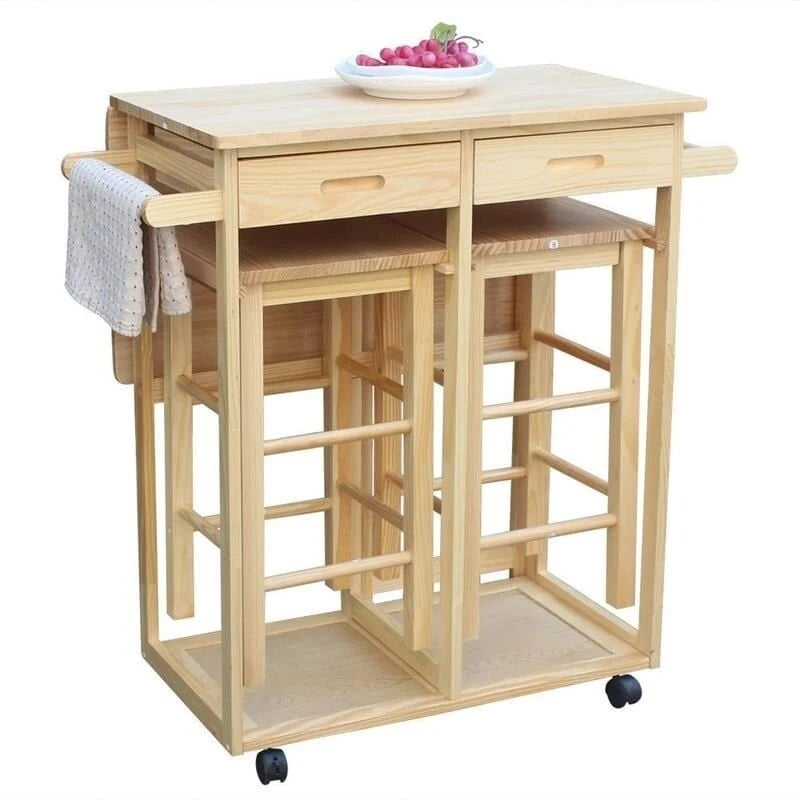 Dessertes pliantes carrées en bois massif avec 2 tabourets offerts - Naturel