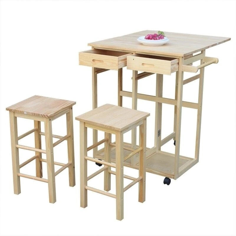 Dessertes pliantes carrées en bois massif avec 2 tabourets offerts - Naturel