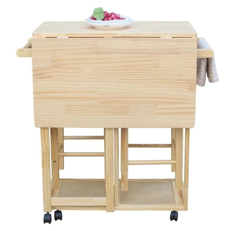 Dessertes pliantes carrées en bois massif avec 2 tabourets offerts - Naturel