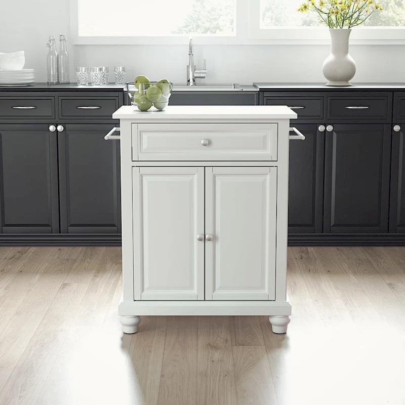 Îlot de cuisine portable avec dessus en granit blanc et armoire de rangement