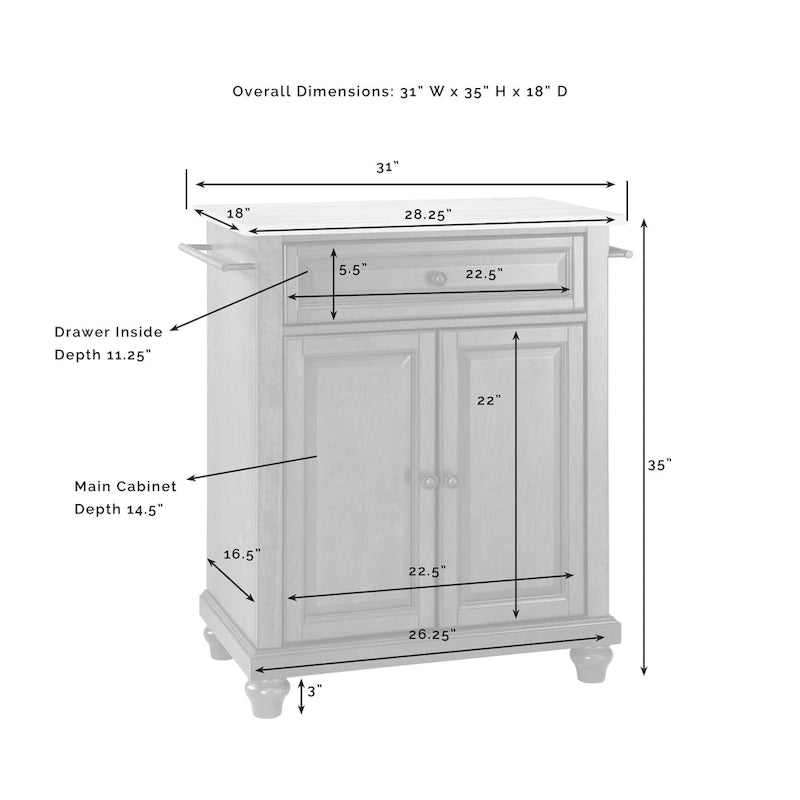 Îlot de cuisine portable avec dessus en granit blanc et armoire de rangement