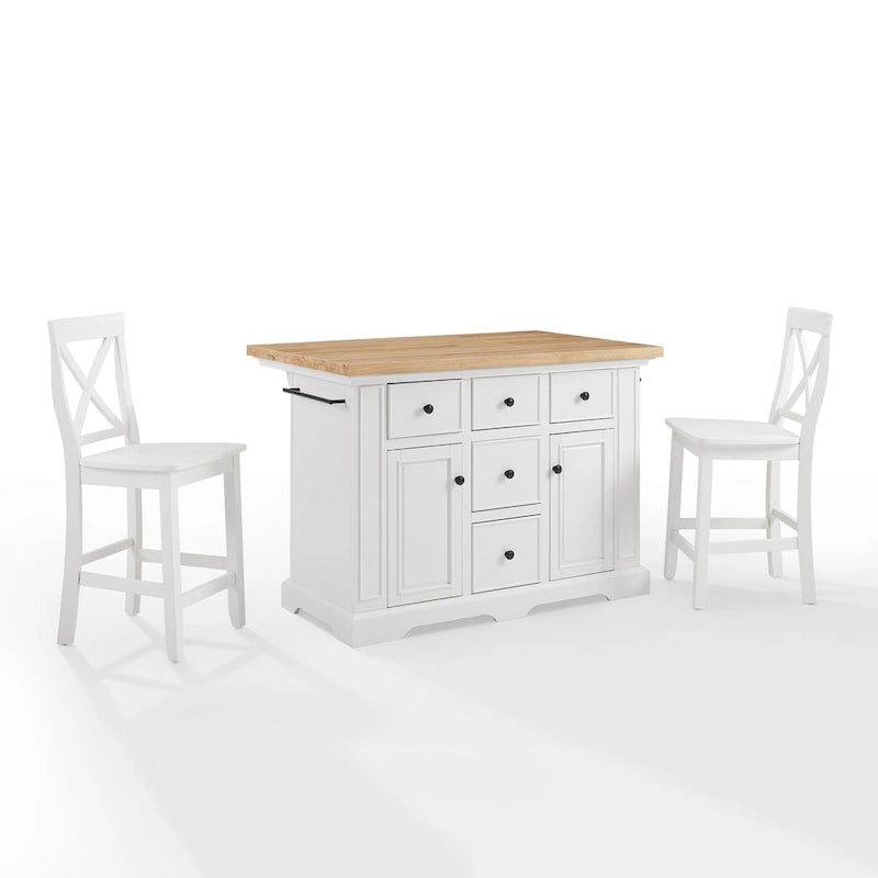 Îlot de cuisine en bois blanc avec tiroirs, placards, étagère à épices et porte-serviettes
