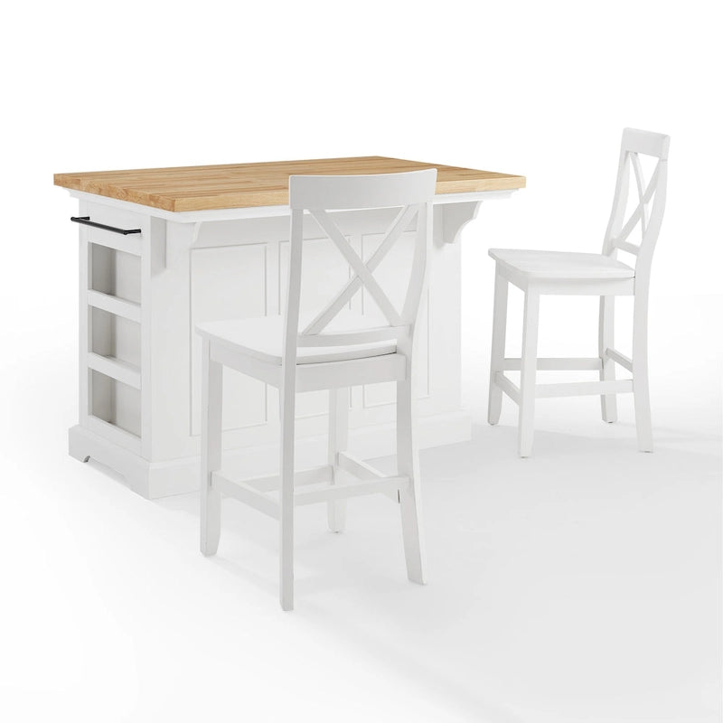Îlot de cuisine en bois blanc avec tiroirs, placards, étagère à épices et porte-serviettes