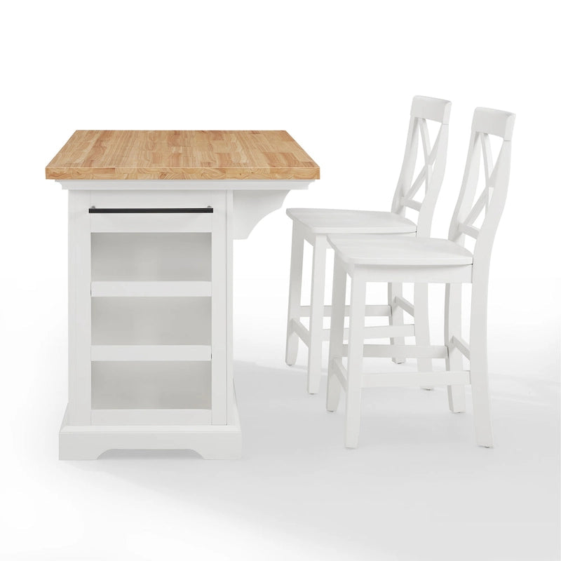 Îlot de cuisine en bois blanc avec tiroirs, placards, étagère à épices et porte-serviettes