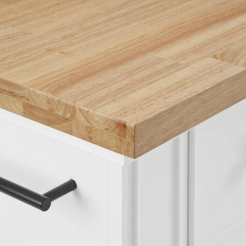 Îlot de cuisine en bois blanc avec tiroirs, placards, étagère à épices et porte-serviettes