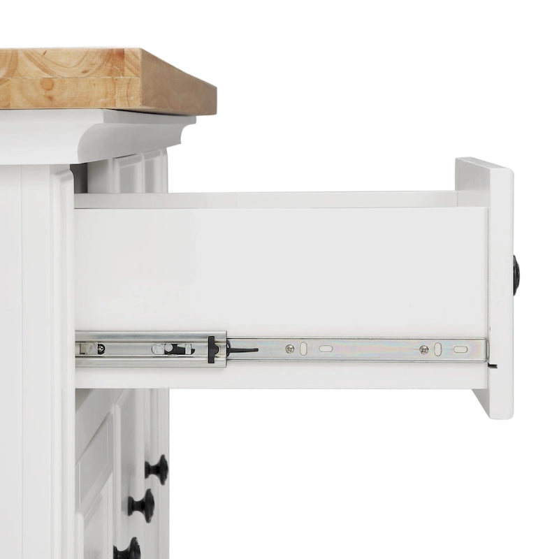 Îlot de cuisine en bois blanc avec tiroirs, placards, étagère à épices et porte-serviettes