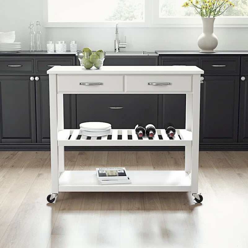 Desserte de cuisine en granite blanc avec tiroirs et roulettes blocables