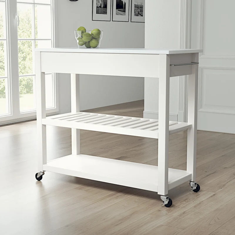 Desserte de cuisine en granite blanc avec tiroirs et roulettes blocables